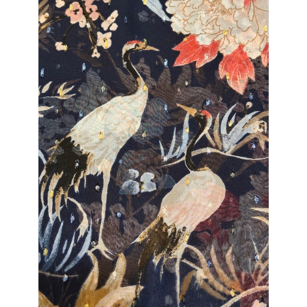 White House Black Market Women's M Navy Floral Bird Sheer Blouse Metallic - Picture 6 of 10
